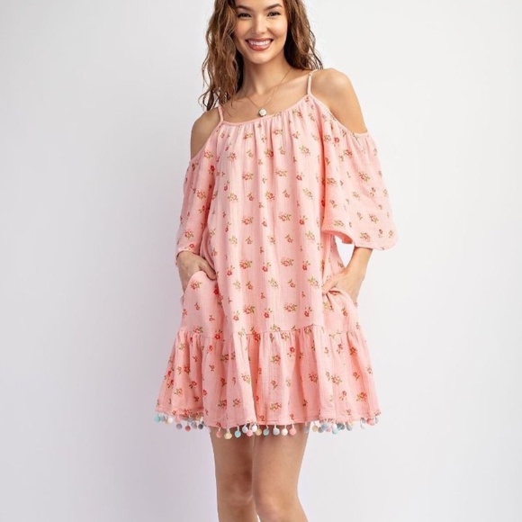 easel Dresses & Skirts - New Easel Cold Shoulder Dress Pom Pom Trim Ruffle Gauze Pink Floral Pockets